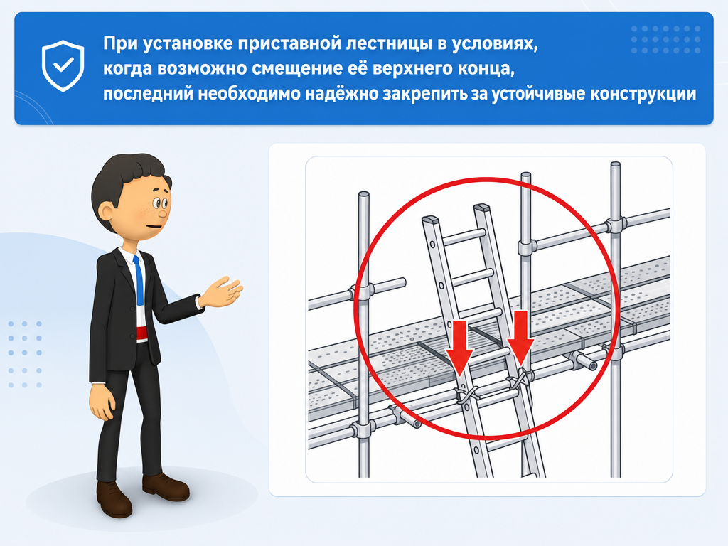 Правила по охране труда при работе на высоте. Дополнение 2: Требования по охране труда к применению лестниц, площадок, трапов; Требования по охране труда при применении когтей и лазов монтерских (обновлено: приказ N 782н от 16.11.2020) — кадр 1